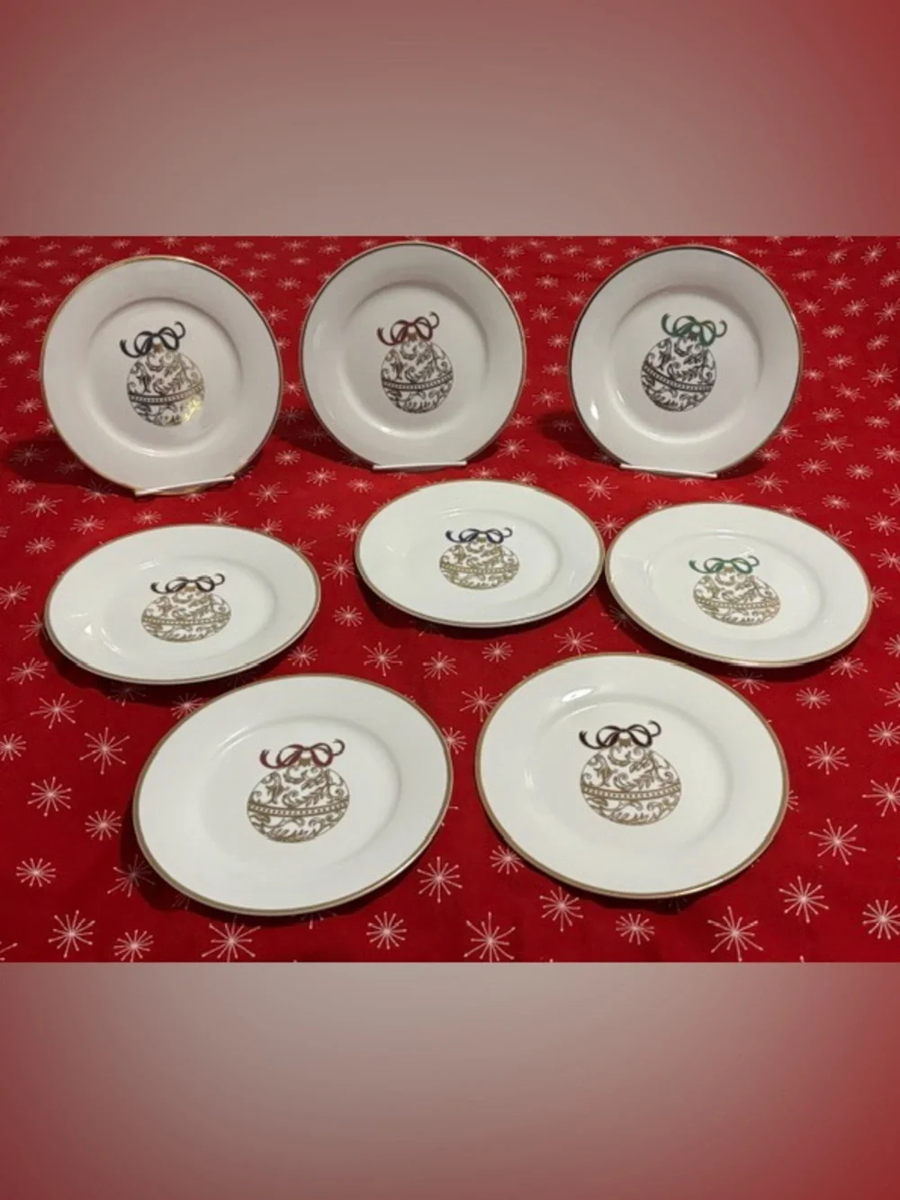 Pier One Ornament Dessert Plates 7.5” Gold Trim Set of 8